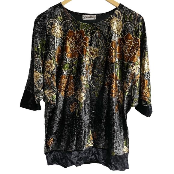 excellina Tops - Excellina Vintage Glam Sequin Beaded Velour Blouse Dolman Sleeve